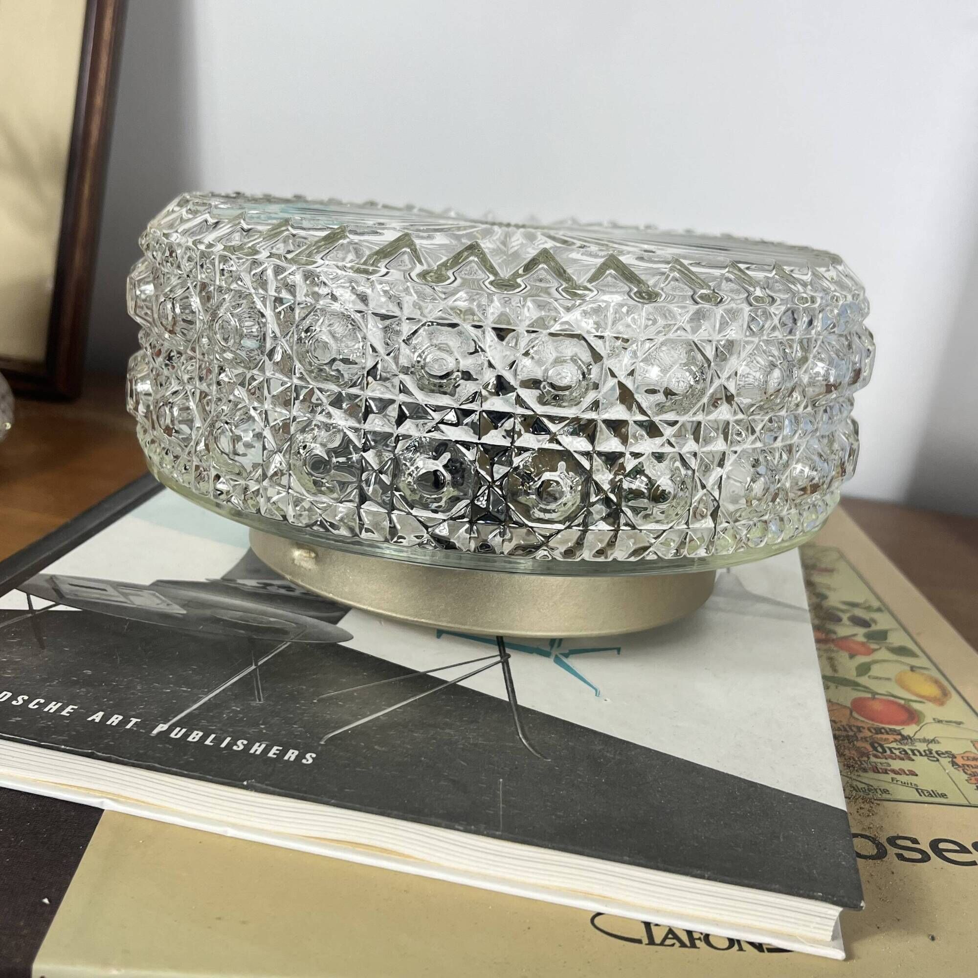 Vintage 1970s round wall light ceiling fixture with transparent glass.