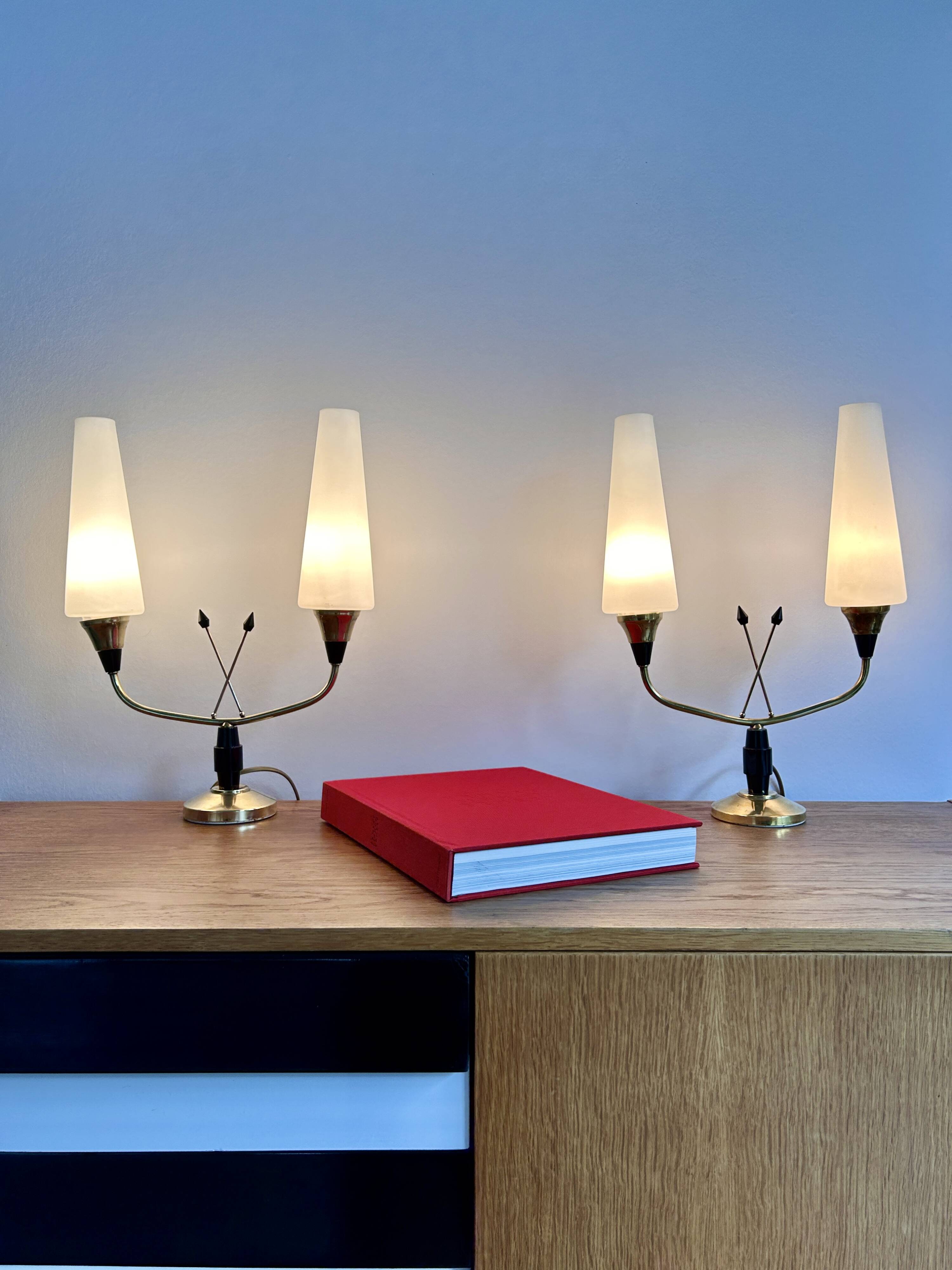 Pair of brass and opaline lamps from the 1950s.