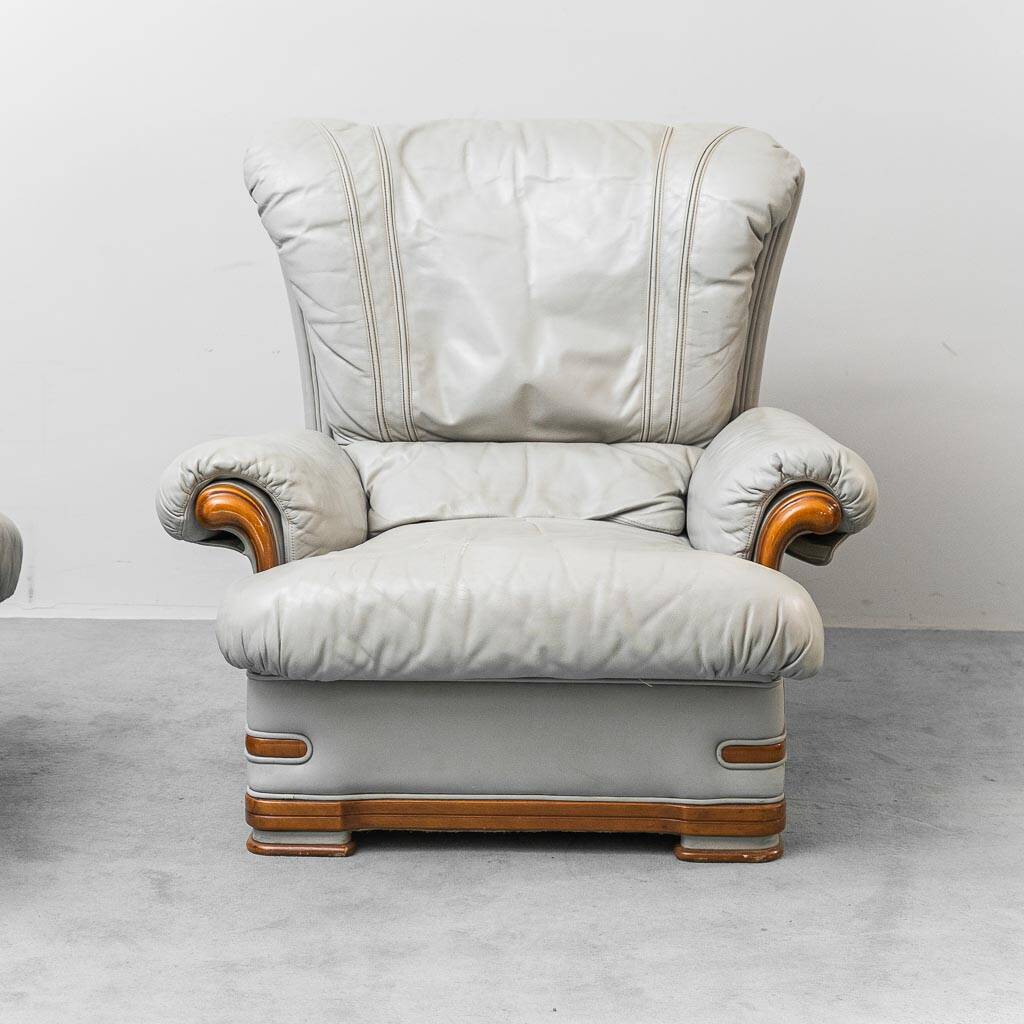 Pair of vintage armchairs in grey leather and wood, 1950s modernism