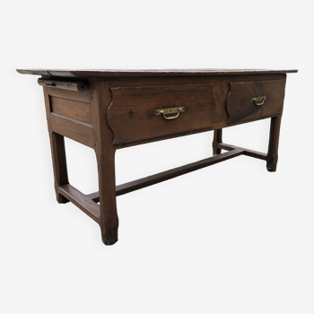 Antique farm game table in solid chestnut with 2 drawers and a pull.