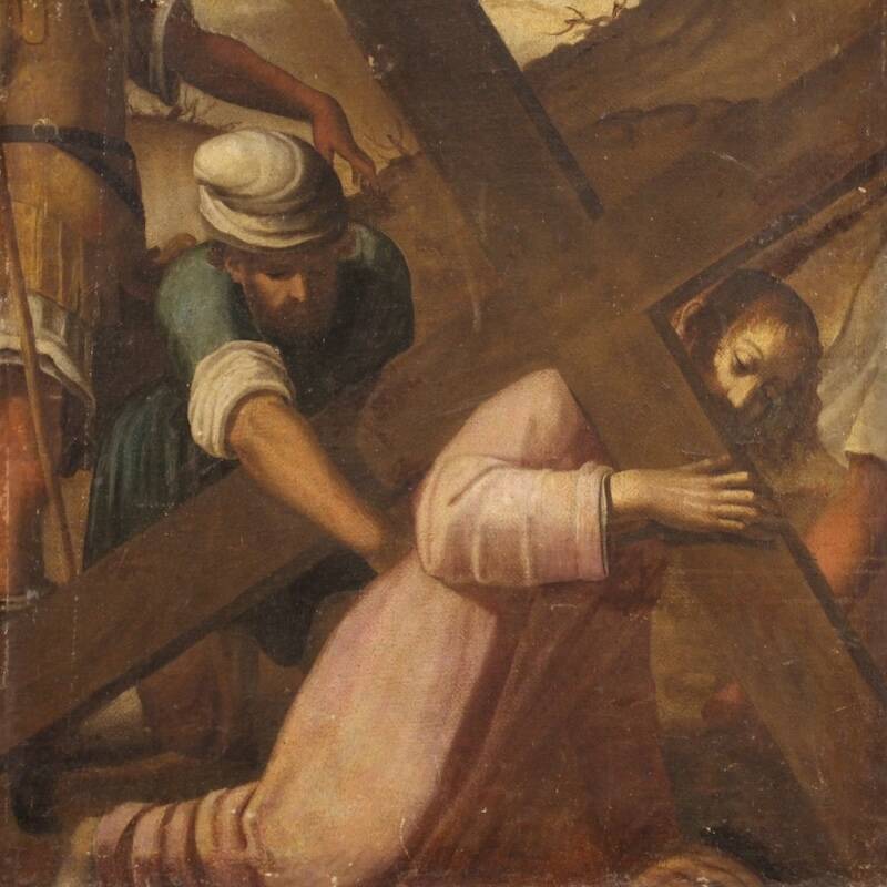 Antique Italian painting of the Way of the Cross, Ascent to Calvary
