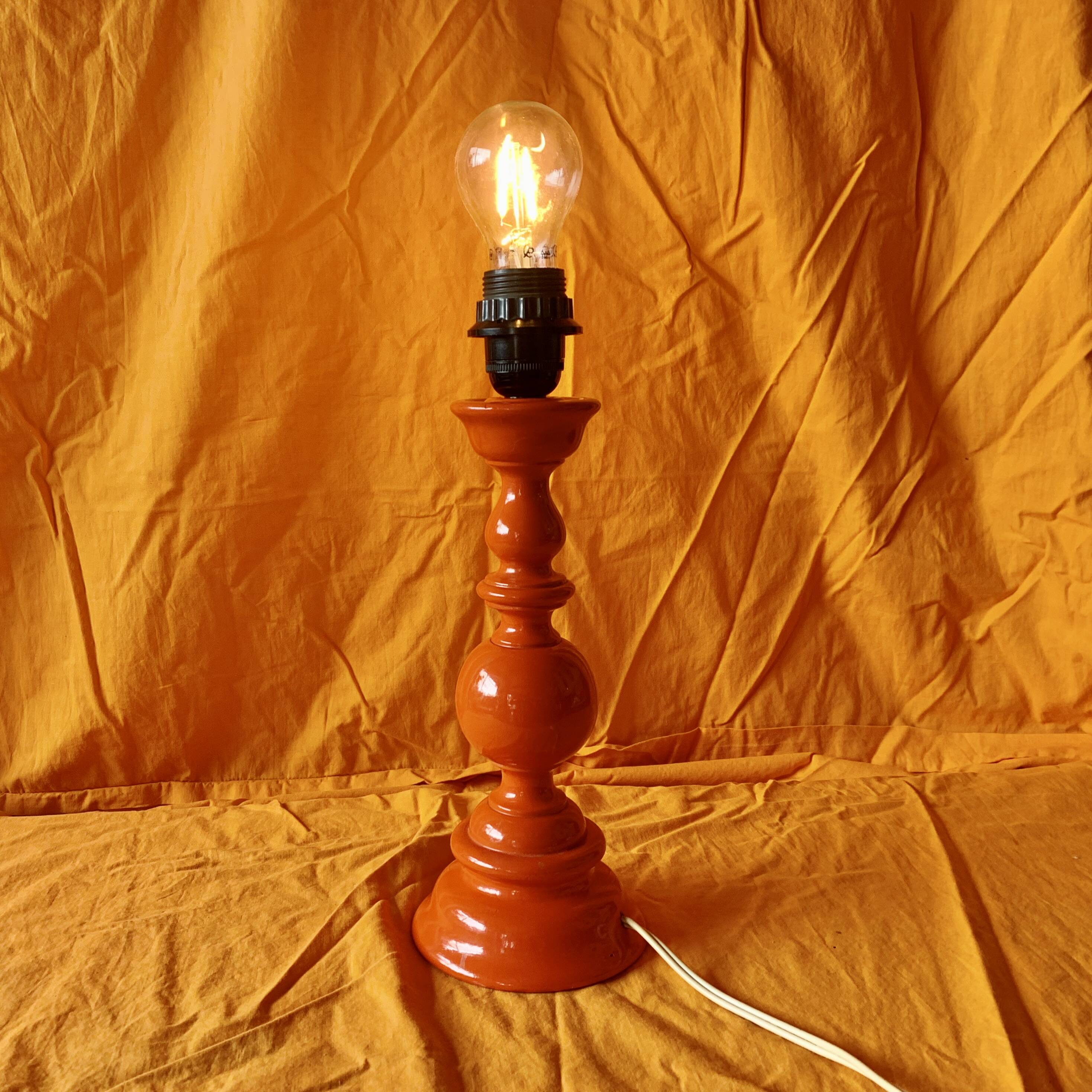 Large vintage lamp base in orange lacquered wood