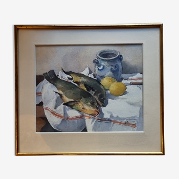 Watercolor, still life with fish