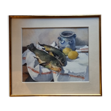 Watercolor, still life with fish