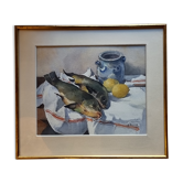 Watercolor, still life with fish