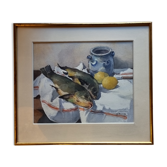 Aquarelle, nature morte aux poissons