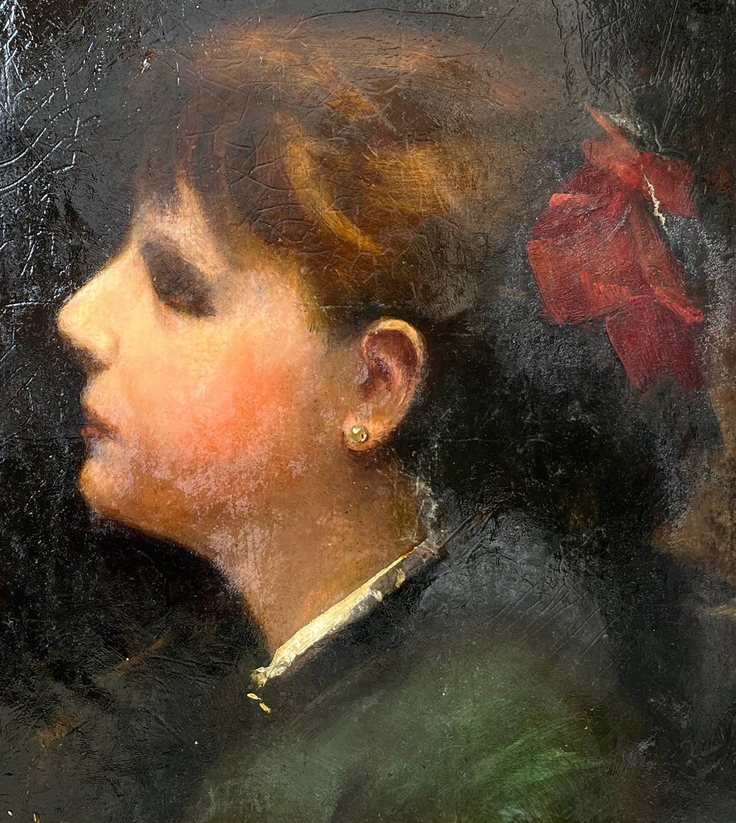 HST painting "Portrait of a young woman with a red bow" 19th century for restoration