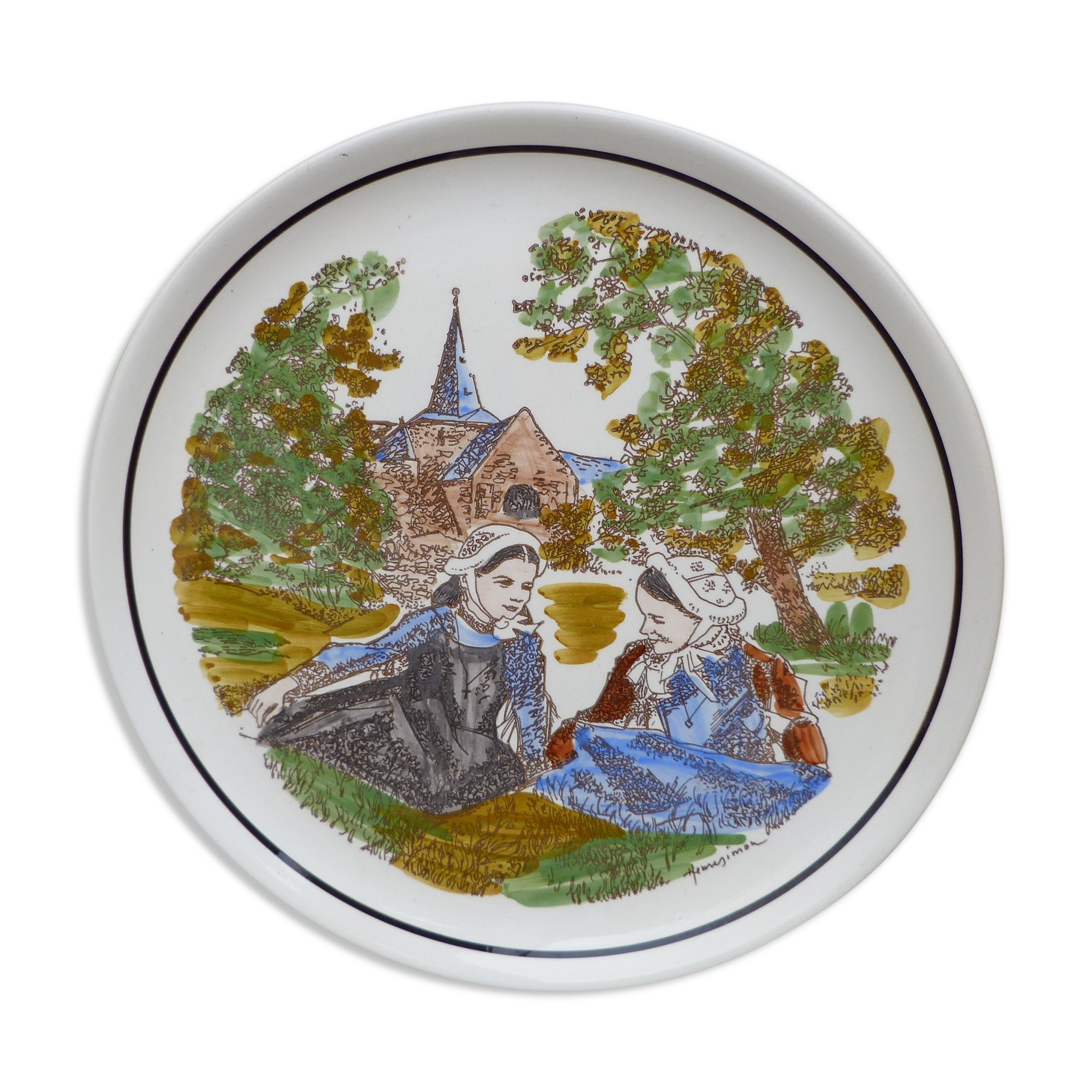 Antique decorative plate Pornic ceramic signed Henry Simon