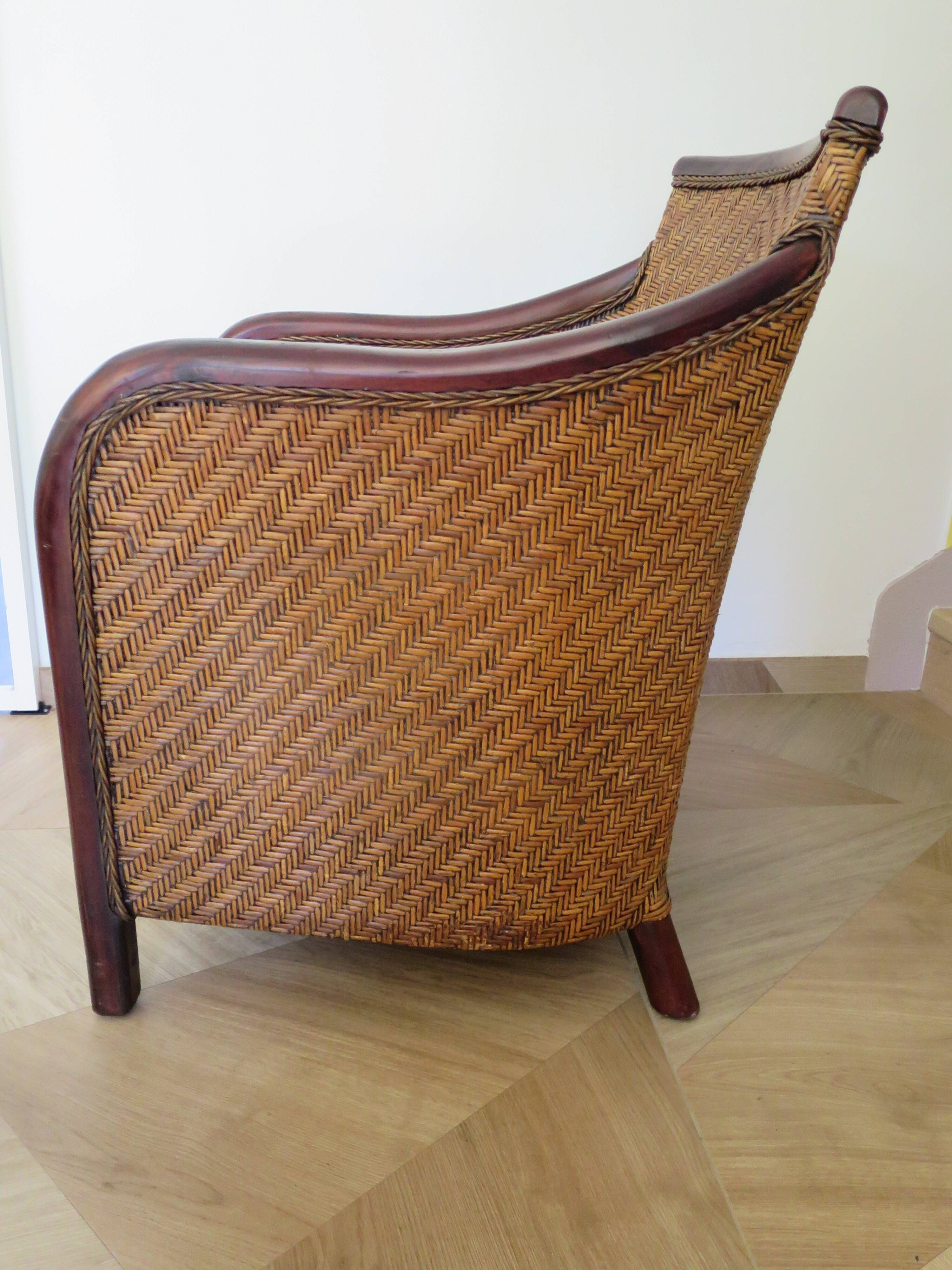 Colonial style armchair - woven rattan and exotic wood - vintage