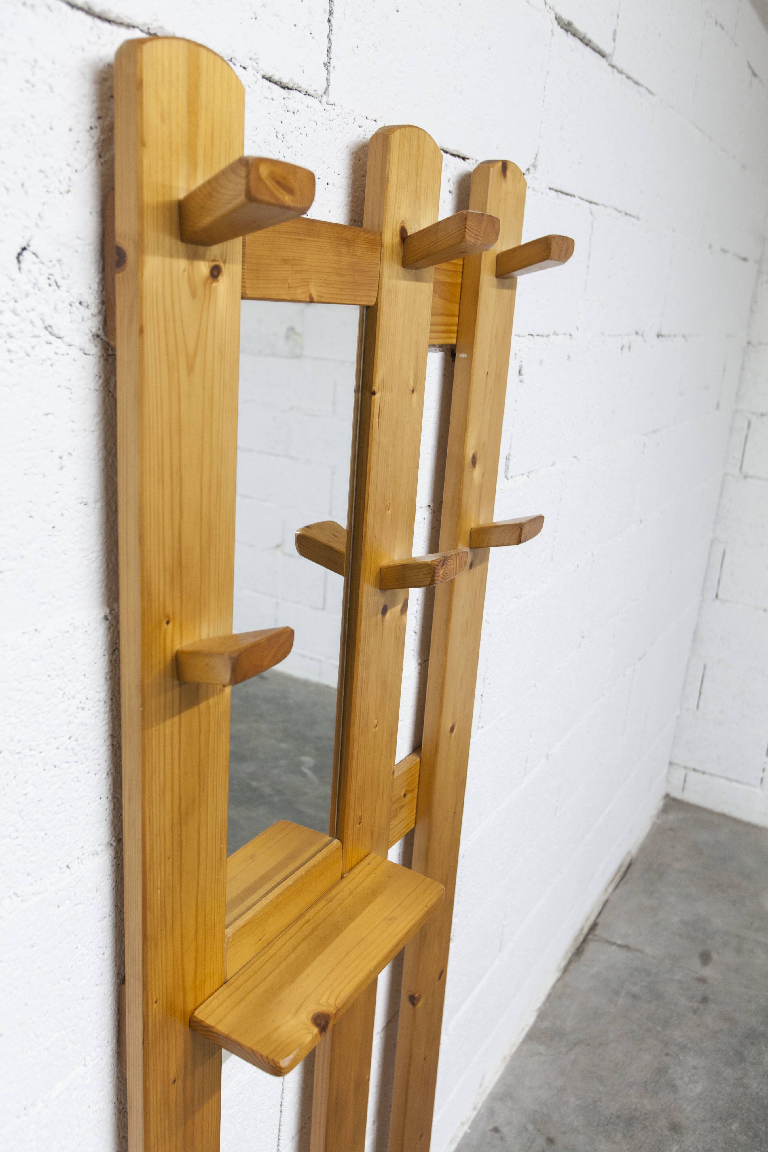 Wall-mounted coat rack, mountain style, pine, honey colour, 1970.