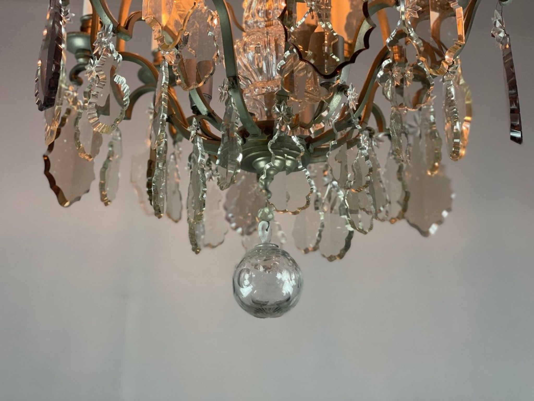 Silver bronze cage chandelier with crystal grapevines circa 1900