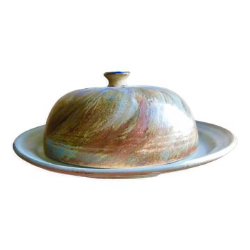 Plateau et cloche a fromage en grès vintage émaillé signature a identifier