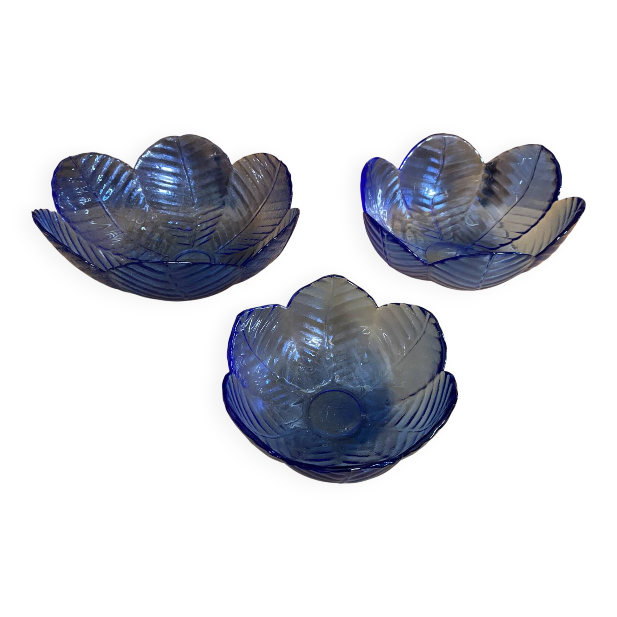 Set of 3 Cobalt Blue Moulded Glass Bowls in Flower Petal Shape Vintage