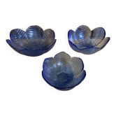 Set of 3 Cobalt Blue Moulded Glass Bowls in Flower Petal Shape Vintage