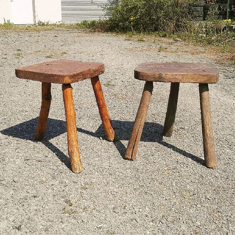 Pair of brutalist tripod stools vintage wood countryside