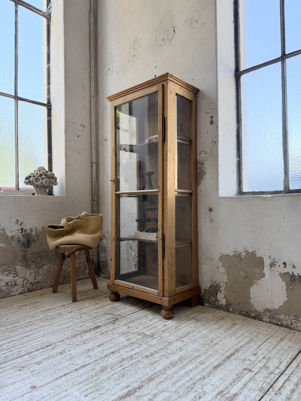 19th-century English pine display cabinet