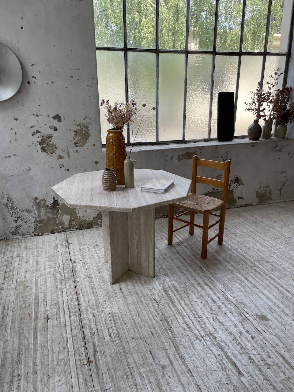 Octagonal travertine coffee table