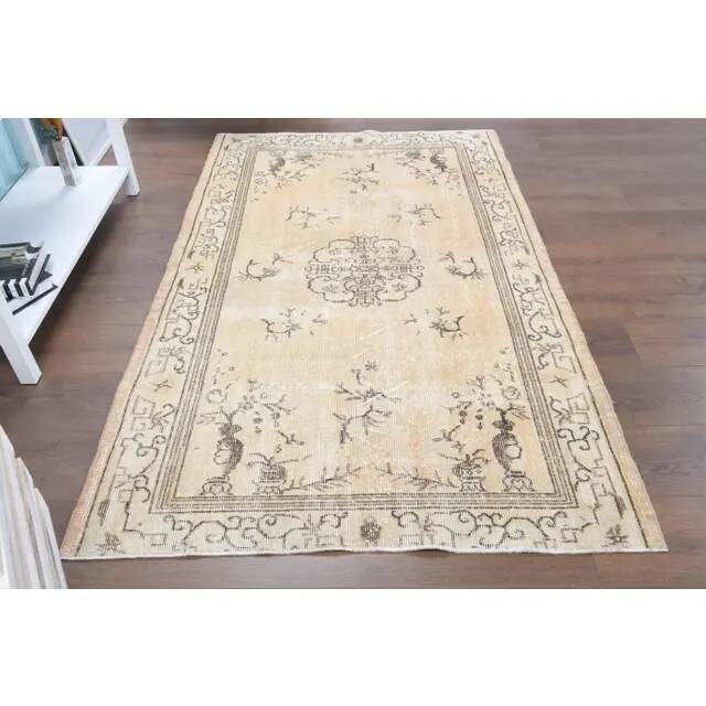 1970s Turkish Oushak Handmade Wool Cotton Beige Area Rug 116x192