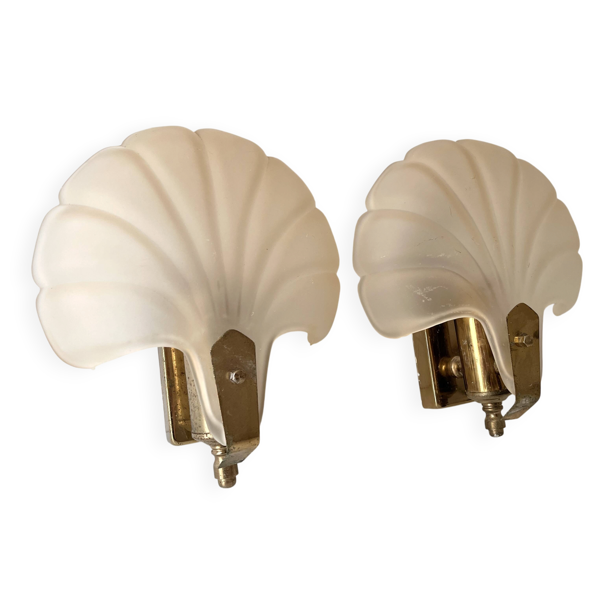 Pair of vintage shell glass wall lights, Art Deco style fixtures.