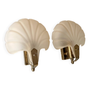 Pair of vintage shell glass wall lights, Art Deco style fixtures.