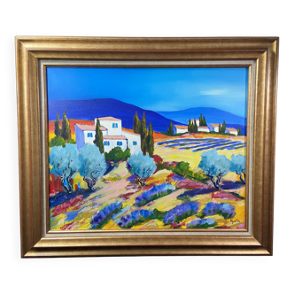 Large oil painting on canvas, Provençal landscape, Manosque, signed Claude Balta