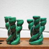 Pair of twisted green ceramic candlesticks, 3-branched candlestick, Vallauris style emerald candelabra