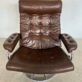 Vintage brown leather reclining lounge chair Ekornes Stressless & stool, 1960s