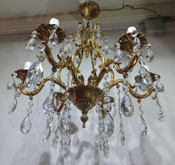 Lustre cage 6 lumières bronze et cristal