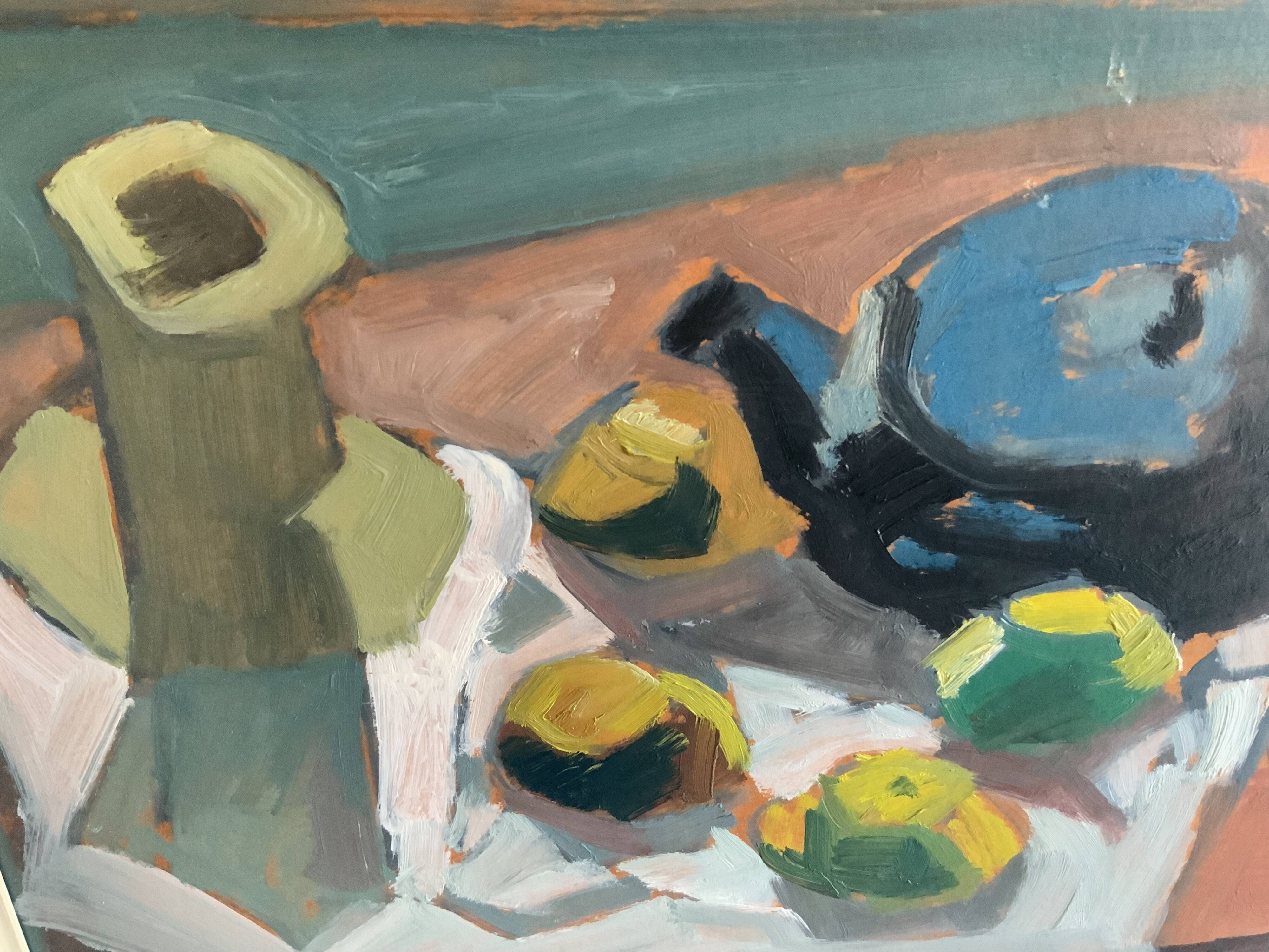 Original Modernist artwork still life with fruits and blue teapot 1950s