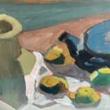 Oeuvre moderniste originale nature morte avec des fruits et une théière bleue des années 1950
