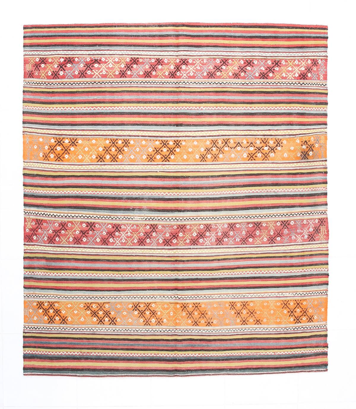 5x6 Vintage Red & Orange Striped Kilim Rug, 163x193Cm