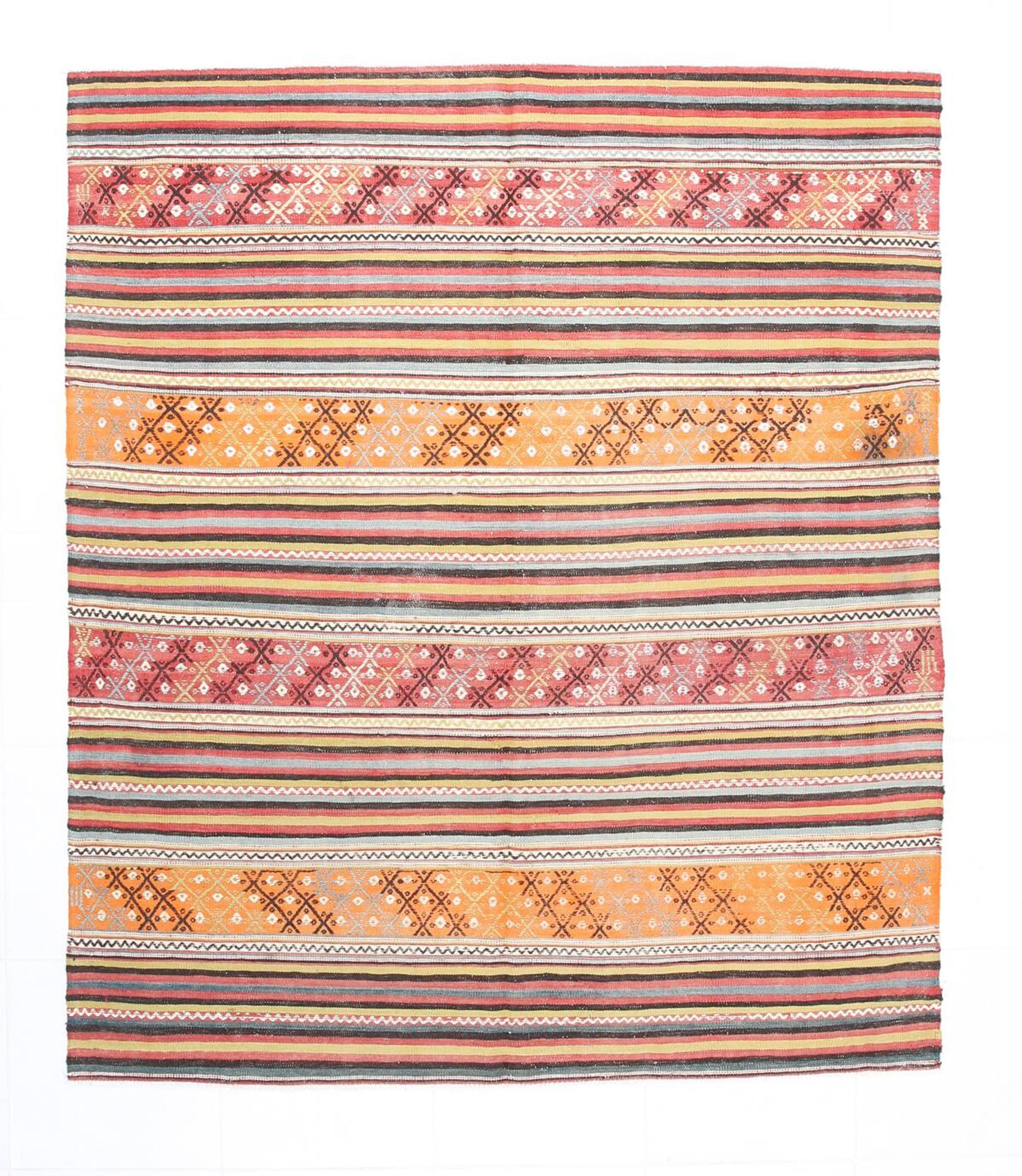 5x6 Vintage Red & Orange Striped Kilim Rug, 163x193Cm