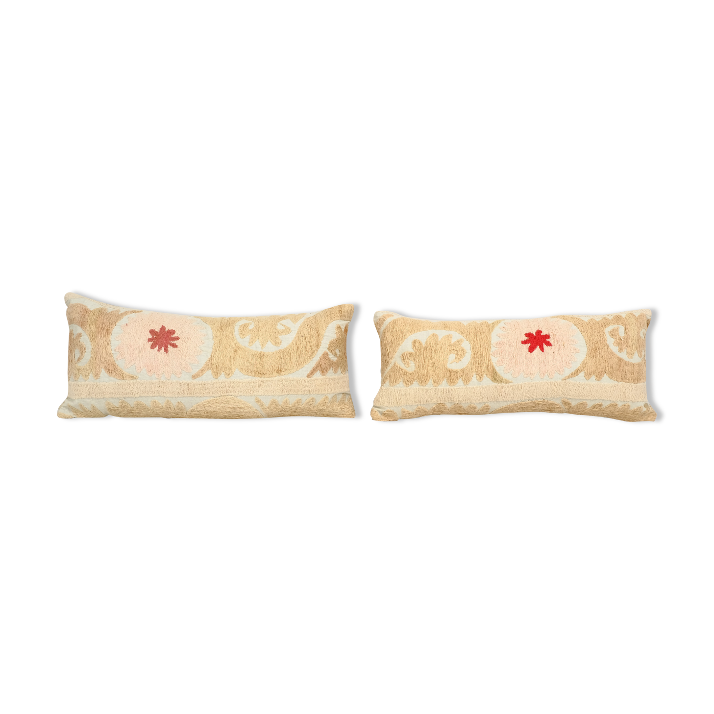 8" x 20" set of two uzbek faded yellow suzani cushion cover, pair suzani pillow case made from