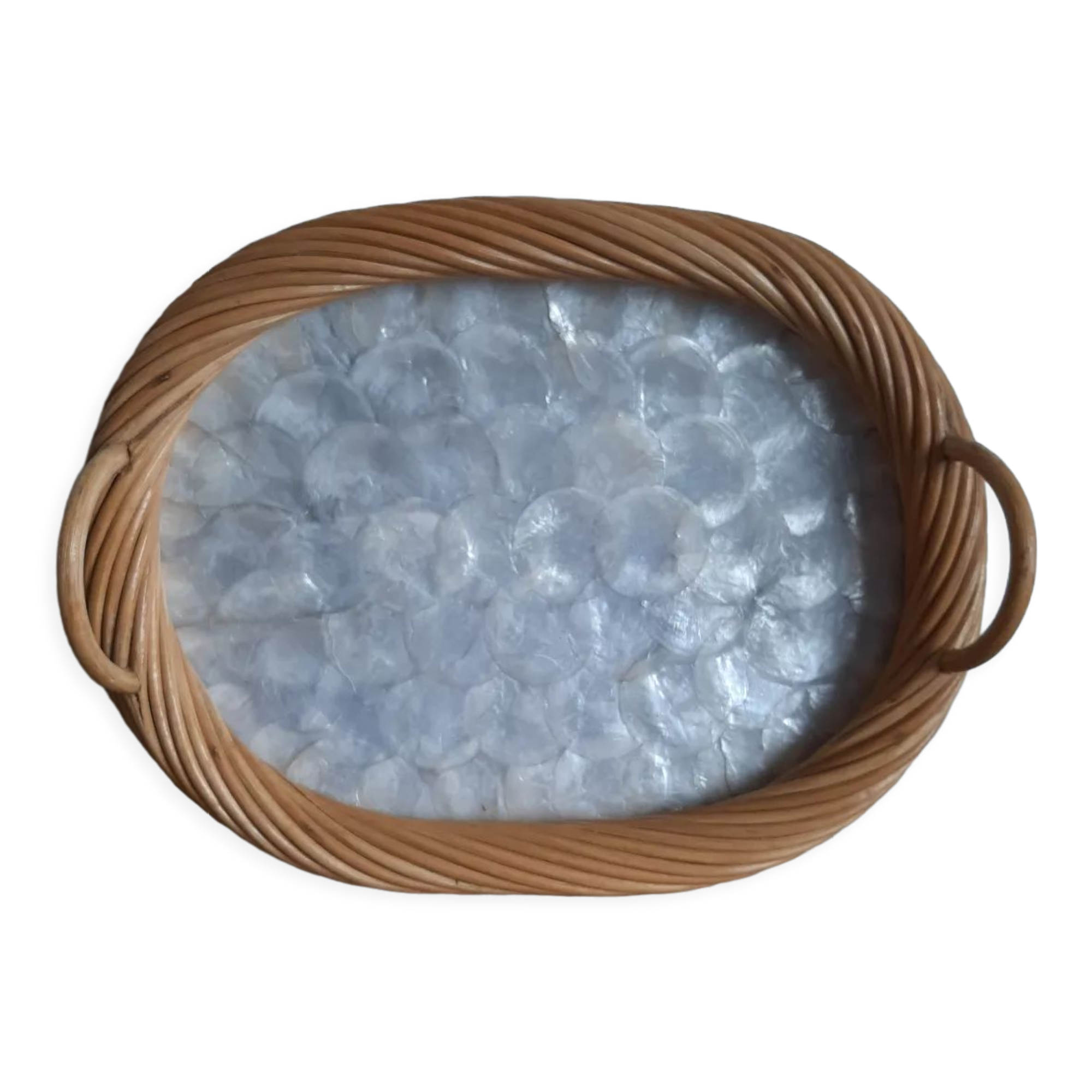 Vintage rattan and mother-of-pearl tray