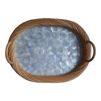 Vintage rattan and mother-of-pearl tray