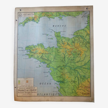 Ancienne carte d'école "France de l'Ouest" N°60, éd. Vidal-Lablache 1930
