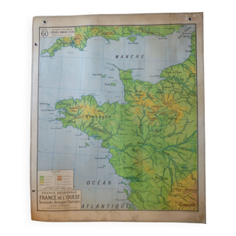 Ancienne carte d'école "France de l'Ouest" N°60, éd. Vidal-Lablache 1930