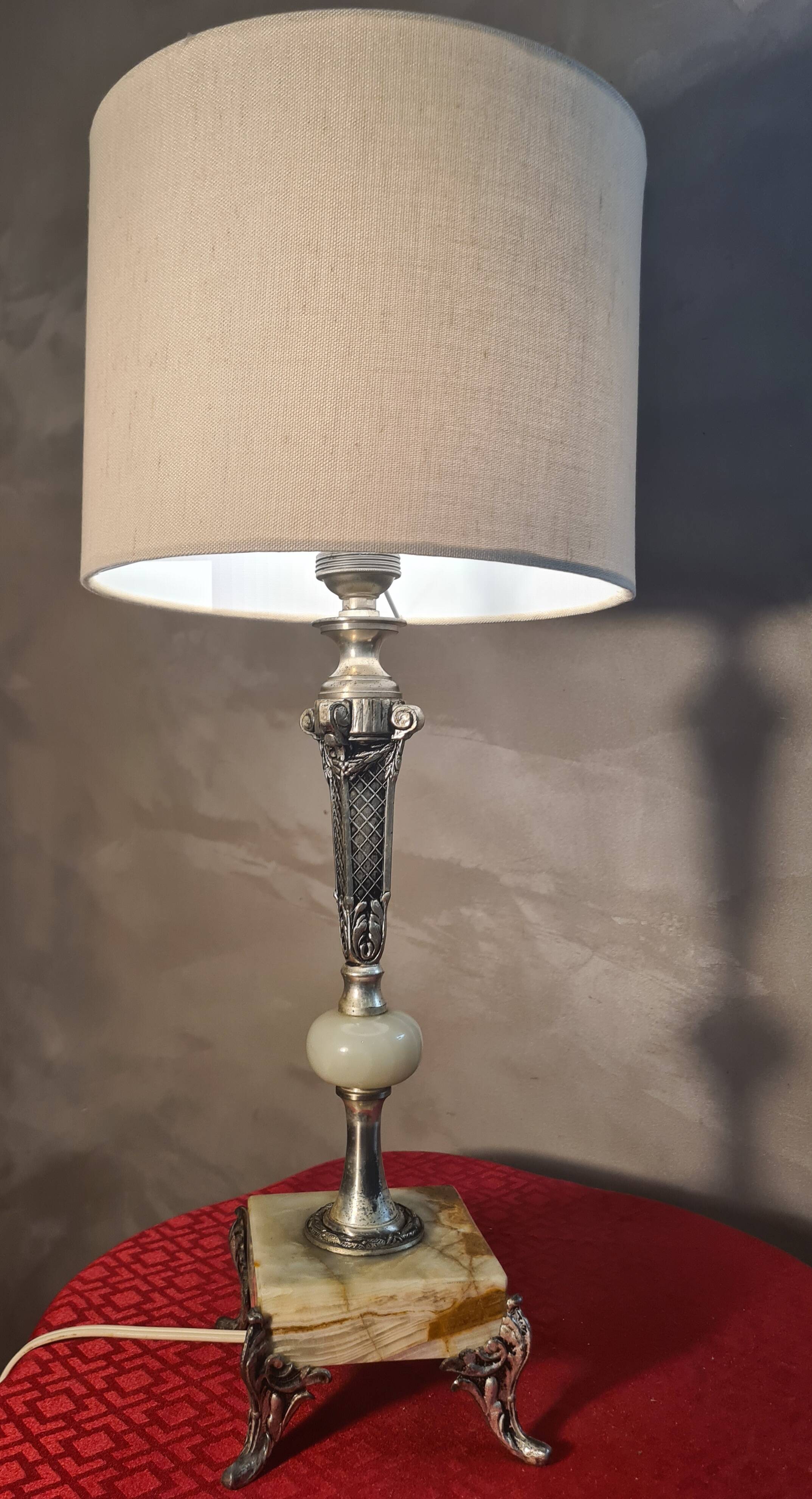 Onyx marble lamp 1970, new linen shade 53x23.