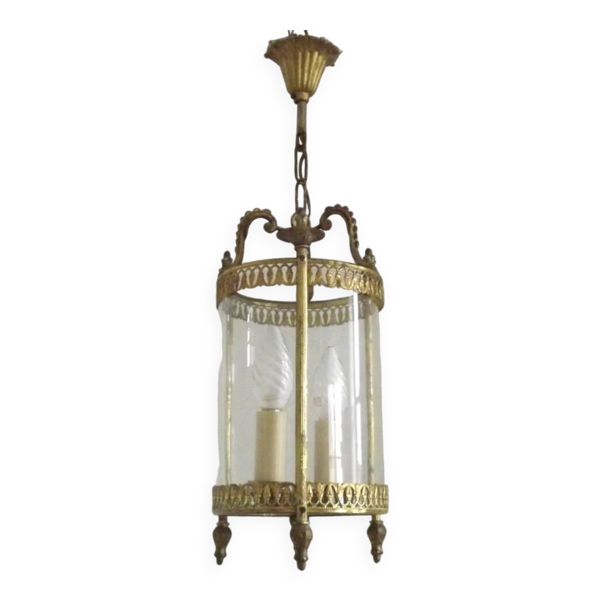 Vintage French Round Gold Metal and Brass 2 Light Lantern Ceiling Light 4724