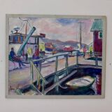 Swedish Mid-Century Oil On Canvas Painting "Harbour" by Lasse Wagner