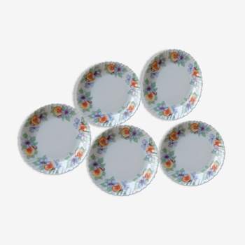 Lot 5 assiettes plates vintage Arcopal, motifs fleurs