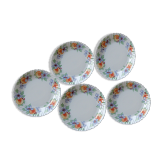 Lot 5 assiettes plates vintage Arcopal, motifs fleurs