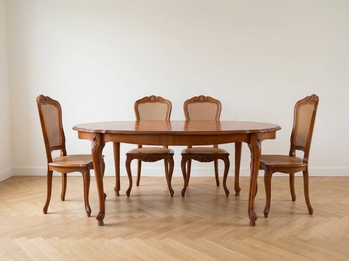 Louis XV table and 4 chairs in wood and marquetry.