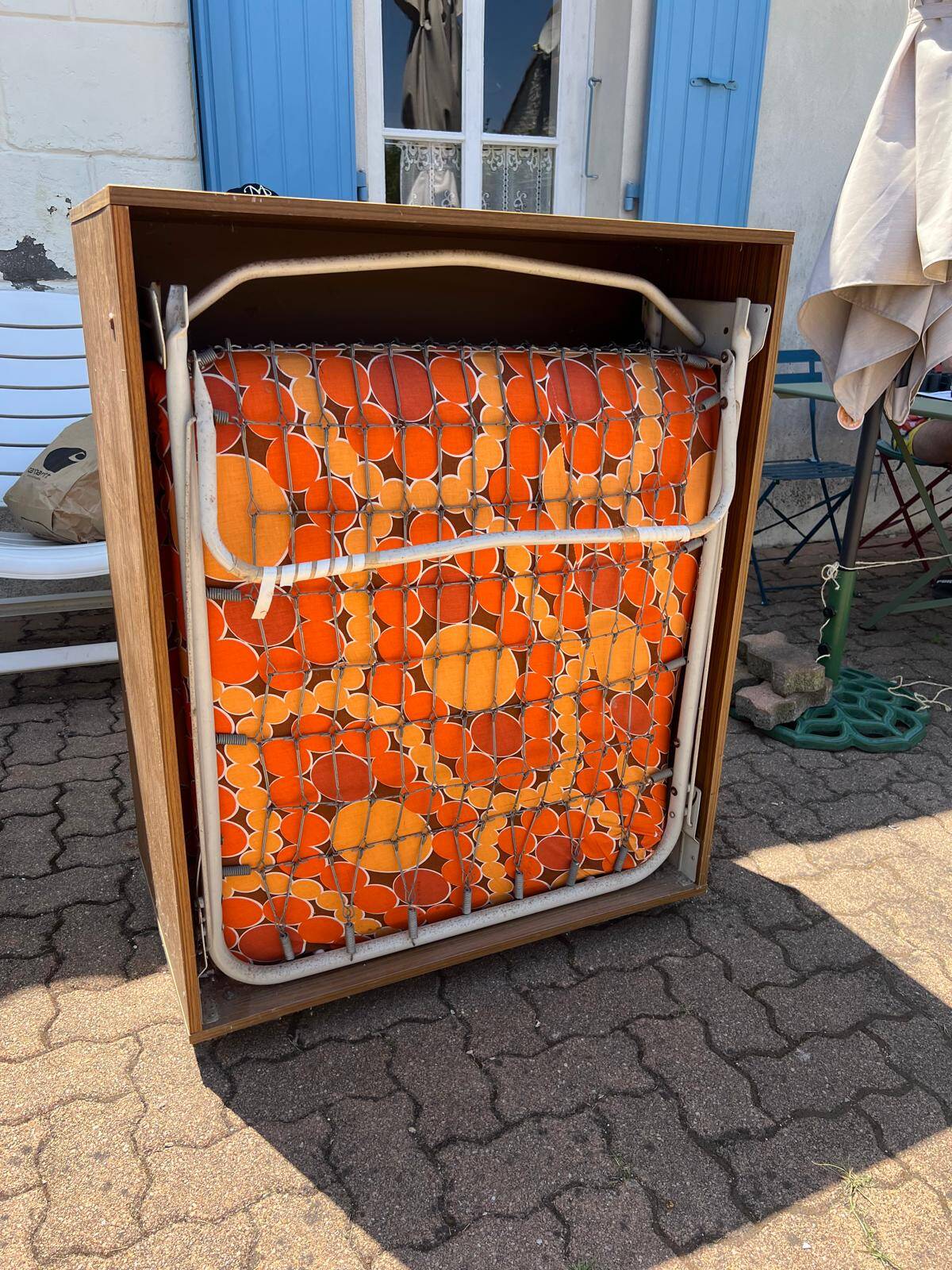 Vintage foldable bedside table in zebra wood – 1970s