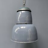Grande lampe à suspension industrielle ancienne en émail bleu-gris