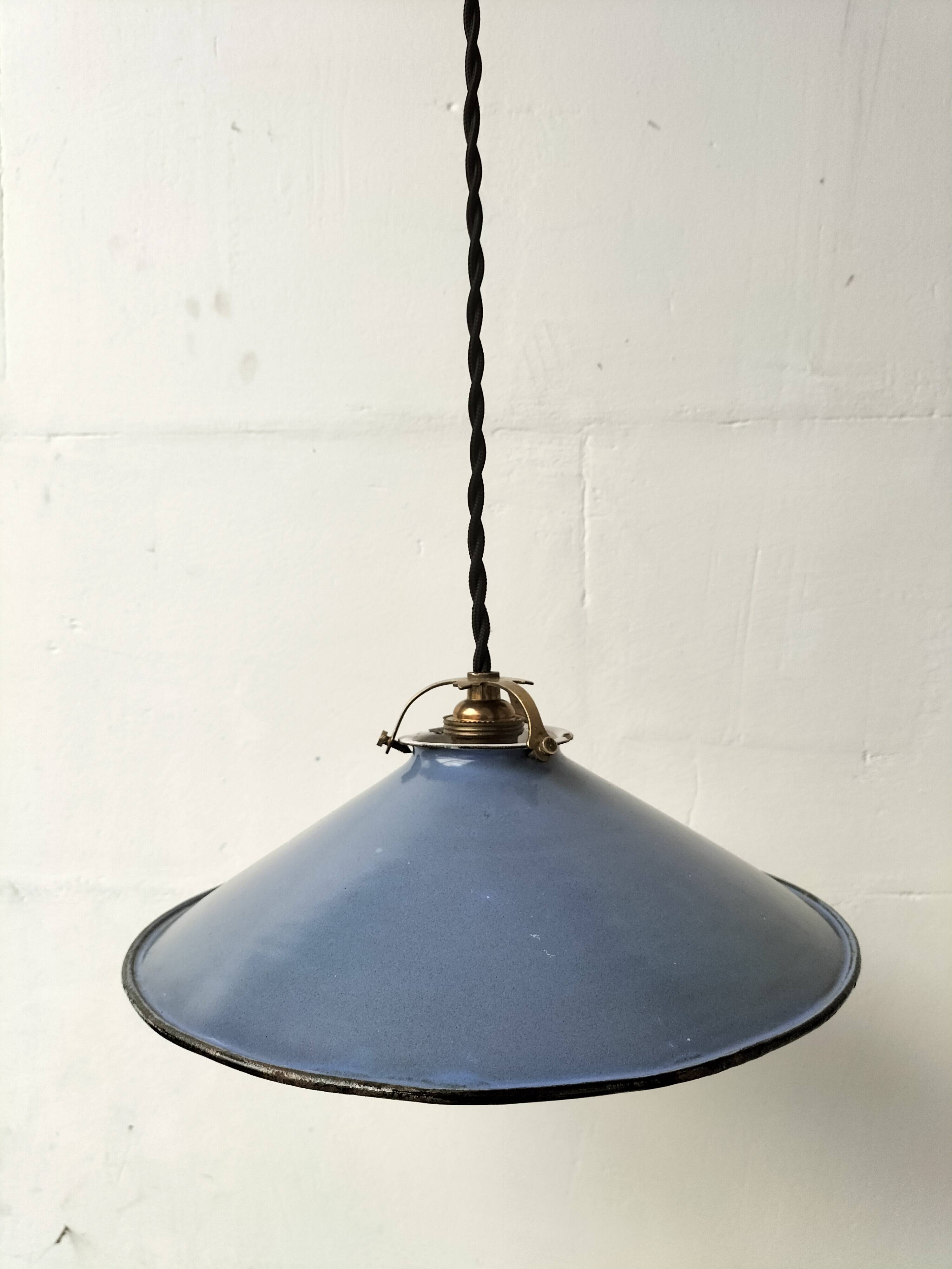 Pair of blue enameled sheet metal pendant lights