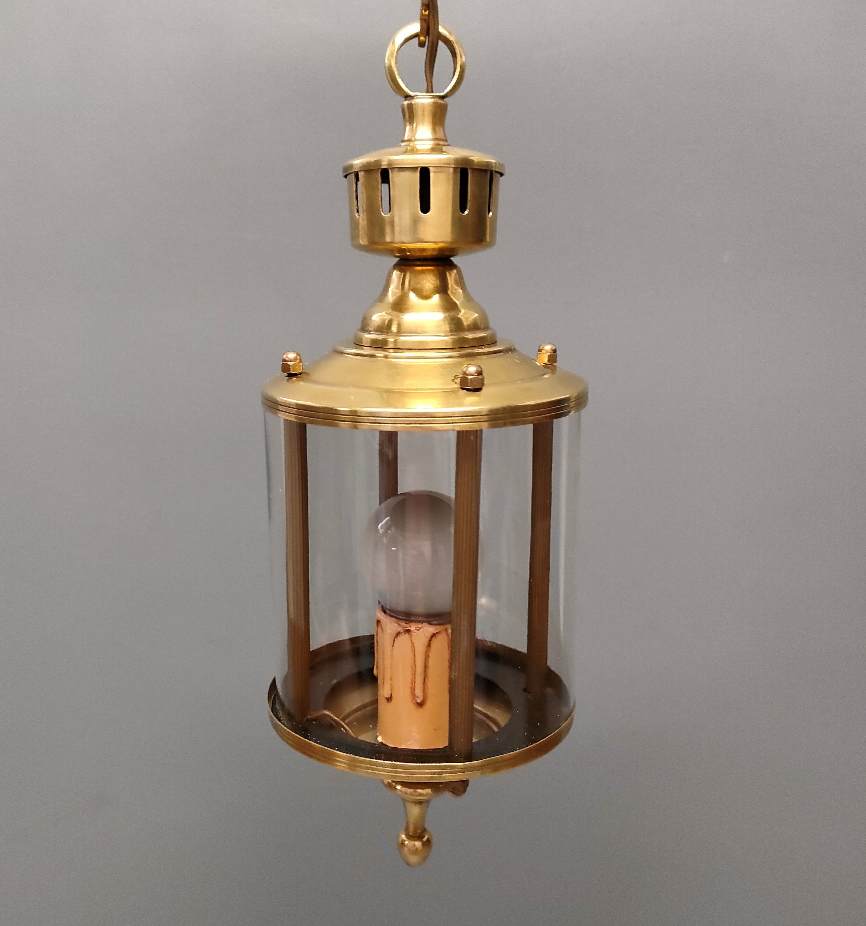 Lustre Lanterne-cage cylindre - Un feu - Années 1950/1960 - France - Laiton, Verre