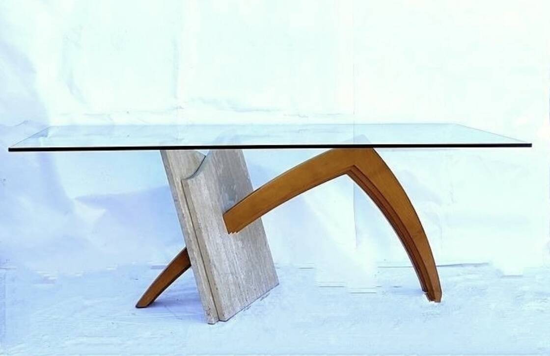 Original Italian glass and travertine marble dining table office desk