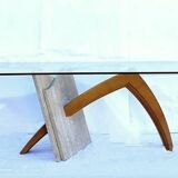 Original Italian glass and travertine marble dining table office desk