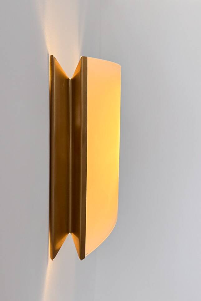 Pair of vintage brass and curved glass wall lights, France, 1970.